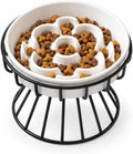 Raised Slow Feeder Cat Bowl - Ceramic Cat Slow Feeders with Stand - White