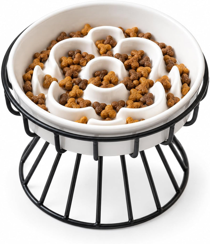 Raised Slow Feeder Cat Bowl - Ceramic Cat Slow Feeders with Stand - White