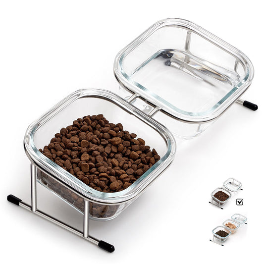 Hannadepot Elevated Cat Bowls, 15° Tilted Glass Raised Cat Food Bowl with Stainless Steel Stand, 2 Large Capacity Glass Cat Bowls and 4 Anti Slip Feet, Suitable for Cats and Little Dogs