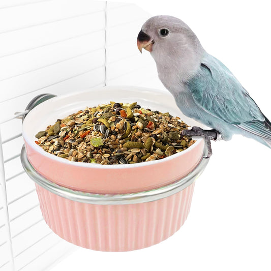 WQY Groceryshop Bird Cage Feeder Parrot Food Cage Bowl Clamp Holder Coop Cup, Ceramic Bird Cage Water Bowl, Pet Feeder Cage for Parakeet African Greys Conure Cockatiels Lovebird Budgie Chinchilla-Pink