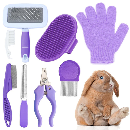 VCZONE 8 Pcs Small Animal Grooming Kit, Rabbit Grooming Kit with Pet Nail Clipper and File, Flea Comb, Pet Shampoo Bath 