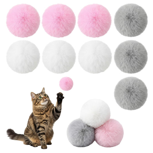 Abeillo 9 Pieces Furry Cat Toys Fuzzy Cat Balls Toys Pom Pom Kitty Ball Cute Rolling Cats Toy Artificial Plush Ball (Pink, Grey, White)