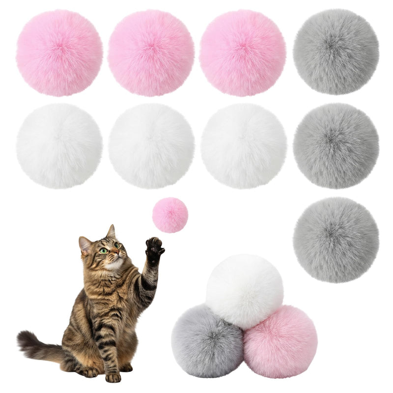 Abeillo 9 Pieces Furry Cat Toys Fuzzy Cat Balls Toys Pom Pom Kitty Ball Cute Rolling Cats Toy Artificial Plush Ball (Pink, Grey, White)