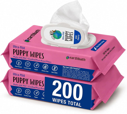 earthbath, Ultra-Mild Wild Cherry Puppy Wipes - Dog Wipes for Paws and Butt, Best Pet Wipes for Dogs & Puppies, Made in USA, Cruelty-Free Dog Cleaning Wipes - 100 Count (2 Pack)