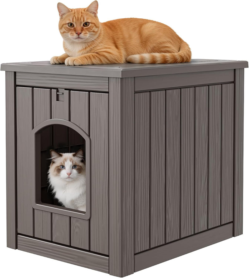 Outdoor Cat House Weatherproof, Resin Cat Houses for Outdoor Indoor Cats, Cat Box Enclosure, Cat Bed Easy to Assemble & 