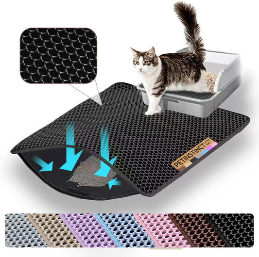 Petinstinct Cat Litter Mat, 24x18 Inches Large Double Layer Honeycomb Cat Litter Trapping Mat, Non Slip Waterproof Urine Proof Cat Litter Box Mat for Floor, Kitty Litter Rug, Cat Supplies, Black