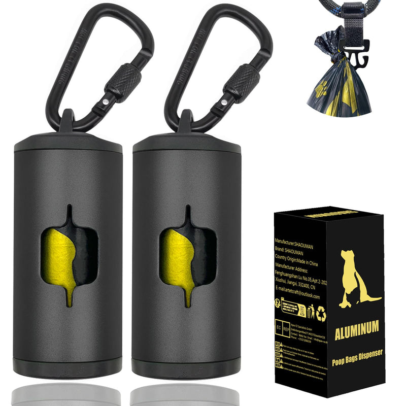 Metal Dog Poop Bag Holder 2-Pack w/Leash Clip|Durable Scratch-Resistant Aluminum|30 Bags+6 Accessories（Black）