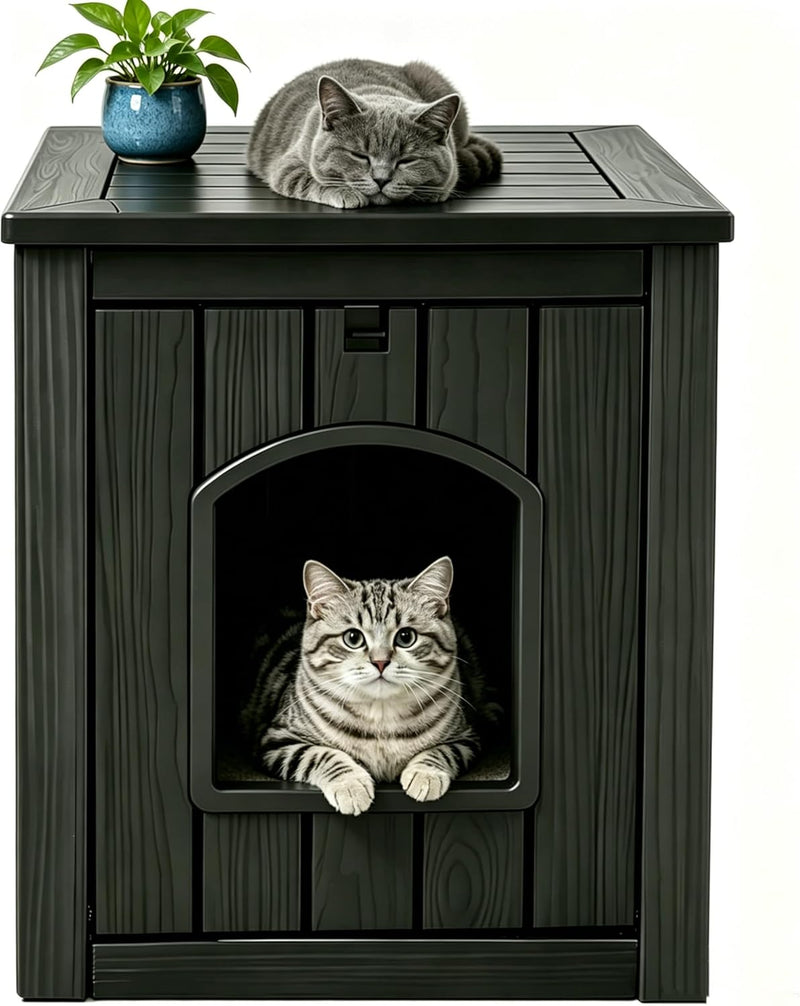 Cat Litter Box Enclosure, Resin Hidden Litter Box Furniture Side Table with Openable Front Door, Weatherproof Indoor & O