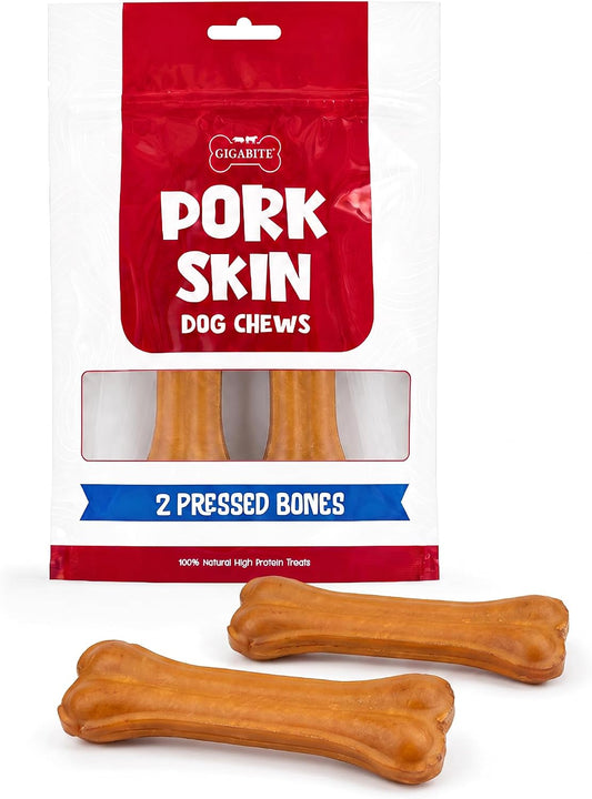 Best Pet Supplies GigaBite Pork Skin Dog Chews - 6" Bone Shape, 2 Count