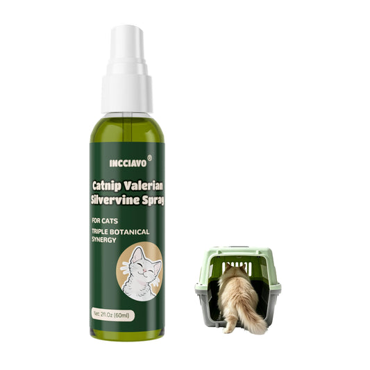 INCCIAVO Silvervine Spray for Cats with Catnip and Valerian, Helps Encourage Play, Scratching and Relaxation, Spray for Cat Toys, Scratchers, Beds and Carriers, 2 fl oz