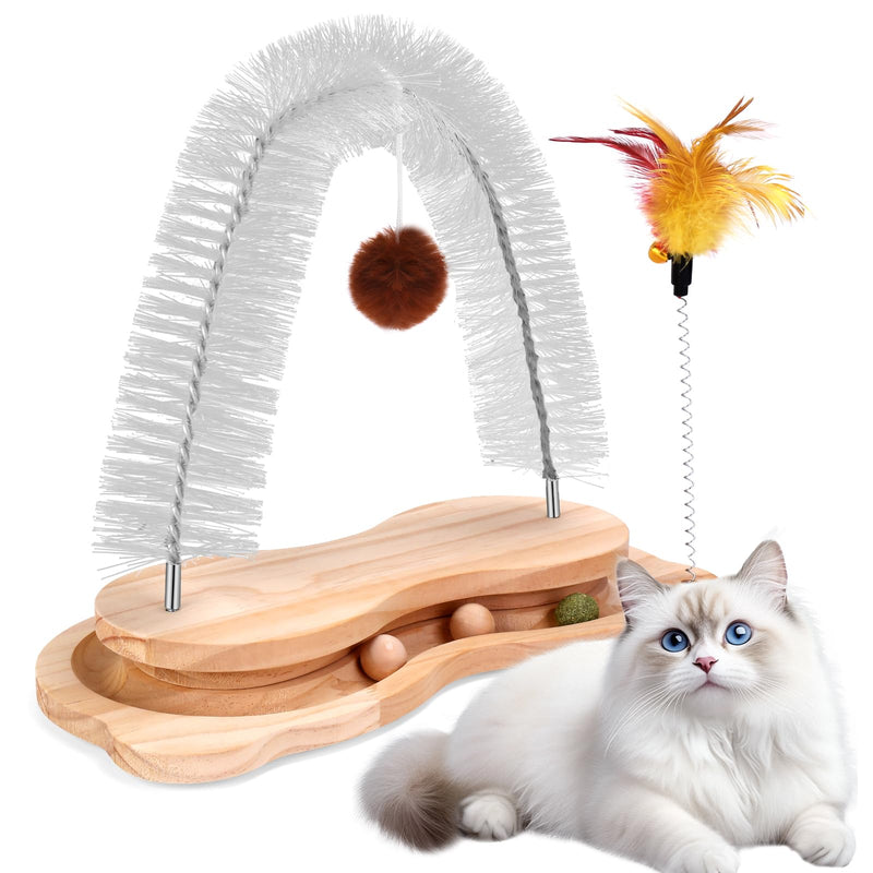 Cat Self Groomer, Cat Grooming Brush Scratcher Massager Arch for Indoor Cats Face Back Scratcher Rubbing Post Corner Brush w/ Kitten Interactive Catnip Ball Track Toy for Chasing Hunting Exercise