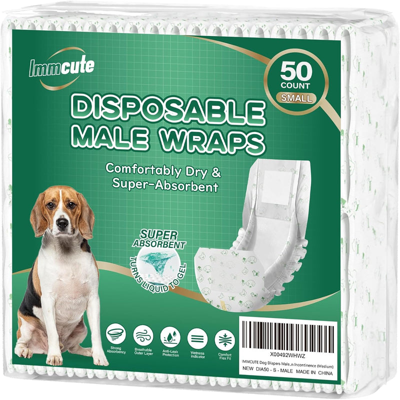 IMMCUTE Dog Diapers Male Small 50 Ct, Male Dog Diapers Disposable with Wetness Indicator, Adjustable Puppy Diapers Male,