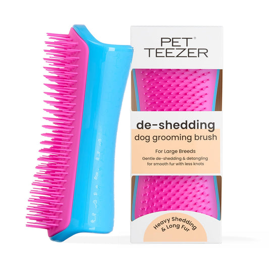 Pet Teezer De-Shedding Dog Brush by Tangle Teezer, Dog Grooming Tool for Long Haired Breeds and Wet or Dry Fur, Large, Blue & Pink