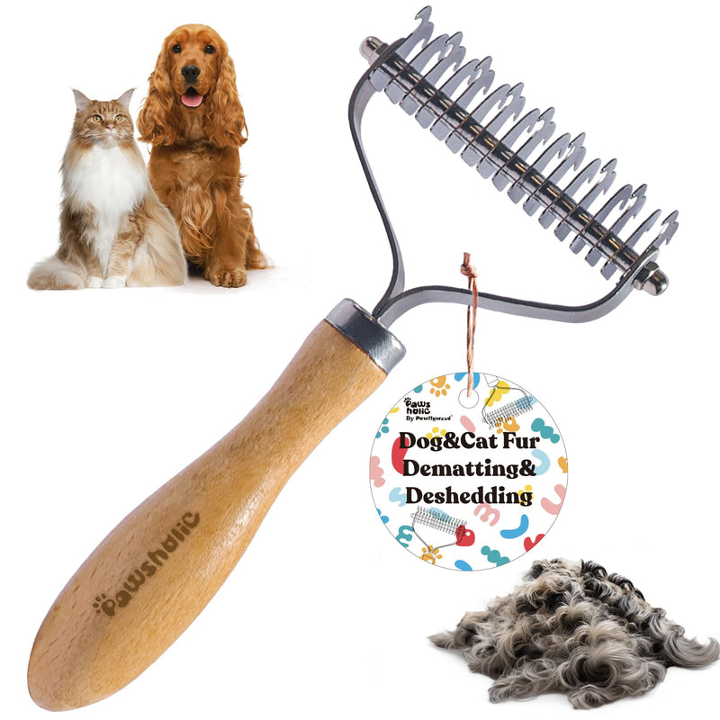PAWSHOLIC Undercoat Rake for Dogs - Professional Pet Shedding Dematting Comb with Wood Handle, Stainless Steel Blades for Pet Cats Dogs Matted Hair Tangles Removing