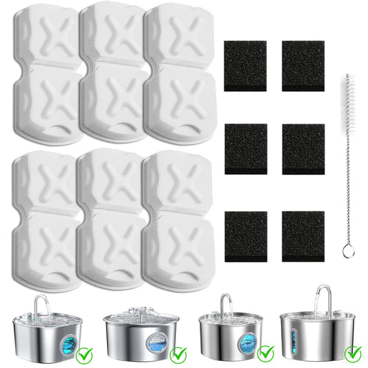 MJYNITE Cat Water Fountain Filter Replacement Kit - 6 Cat Fountain Filters, 6 Sponges & 1 Brush, Compatible with Stainless Steel Pet Fountains