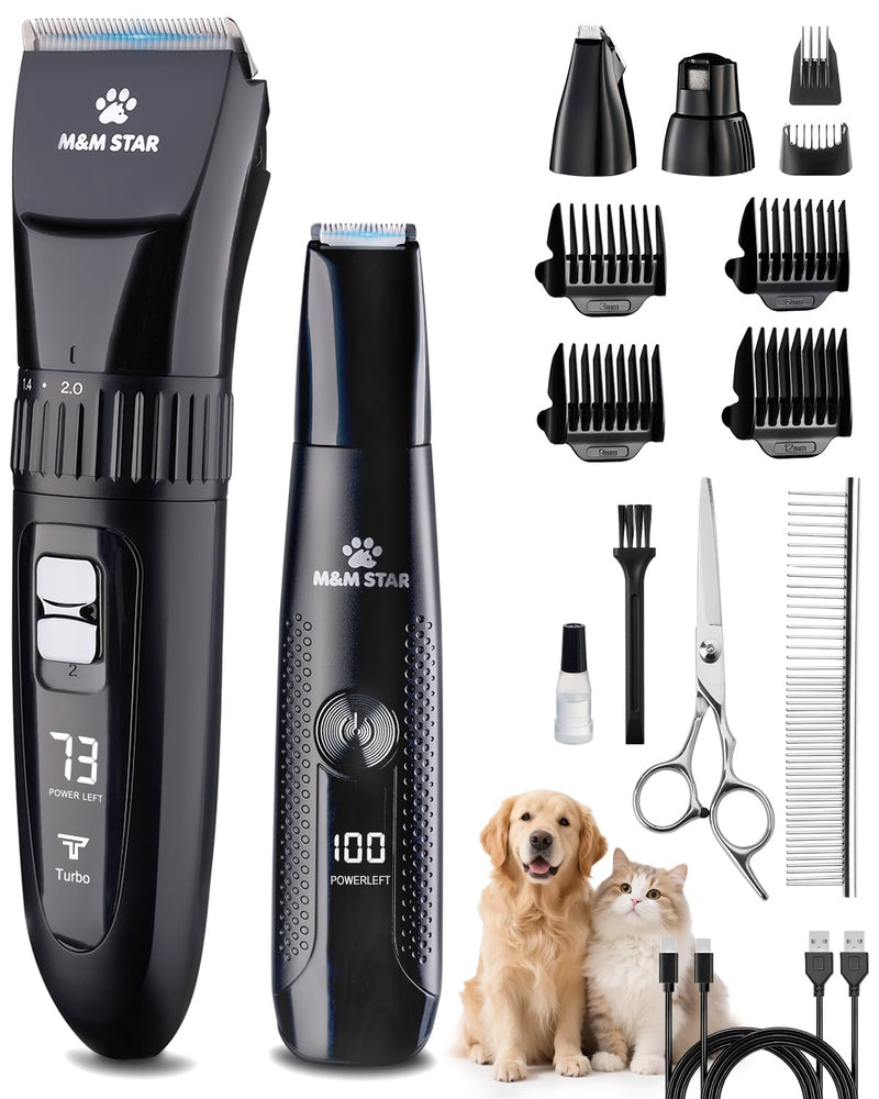 M&M STAR Dog Grooming Kit, Quiet Dog Clippers for Grooming Heavy Thick Coats, Cordless Pet Hair Trimmer & Shaver with Paw Trimmer, Low Noise Rechargeable Clippers for Small Large Dogs Cats