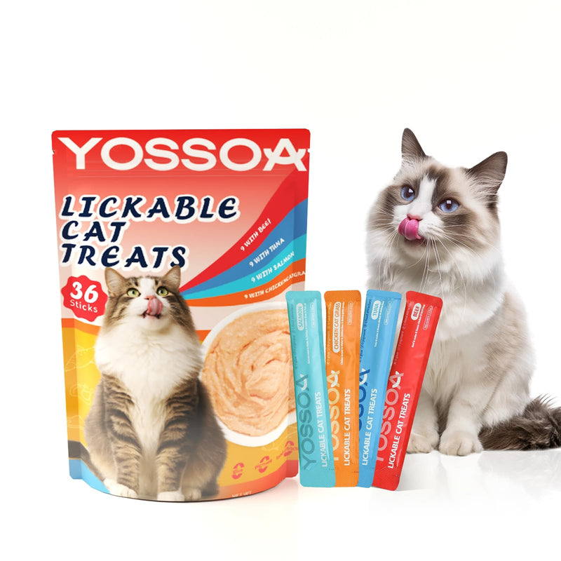 YOSSOA Lickable Cat Treats Variety Pack - 36 Sticks Wet Cat Treat Puree with Taurine, Fish Oil & Vitamins - Grain Free Lickable Puree for Immune & Heart Support for Picky Eaters (4 Variety Flavors)