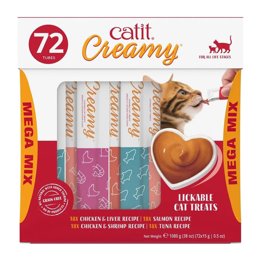 Catit Creamy Lickable Cat Treat – Healthy Variety of Flavors, 72 Pack, Hand-Feed or Serve, Nutrient-Rich Squeeze Tube, 0.5 oz Each
