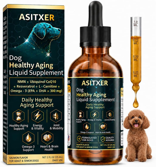Healthy Aging Drops for Adult & Senior Dogs, NMN CoQ10 Liquid Dog Supplement, EPA & DHA Omega-3 etc.., Heart, Brain, Joi