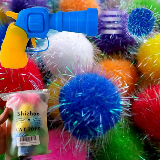 30 Pieces Sparkle Pom Pom Balls with Cat Toy Launcher - Asorted Colors Interactive Glitter Ball for Indoor Play 1.2 Inch