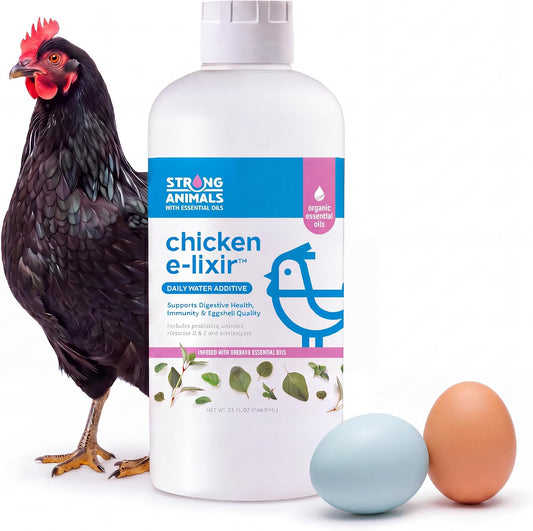 Strong Animals E-lixir - Daily Water Additive for Chickens 32 oz, Natural Chicken Vitamins for Water with Organic Oregano Oil, Prebiotics, Calcium, Vitamins D & E & Electrolytes for Poultry