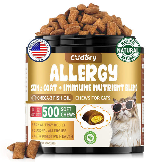Cat Allergy Relief for Cats Treats, 500 Crunchy Snacks for Immune & Skin Coat Support – Seasonal Allergies, Itching Relief, Omega 3 & Probiotic Natural Supplement for Cat, Chicken (90-Day Supply)