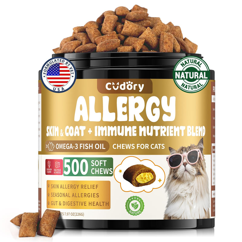 Cat Allergy Relief for Cats Treats, 500 Crunchy Snacks for Immune & Skin Coat Support – Seasonal Allergies, Itching Relief, Omega 3 & Probiotic Natural Supplement for Cat, Chicken (90-Day Supply)