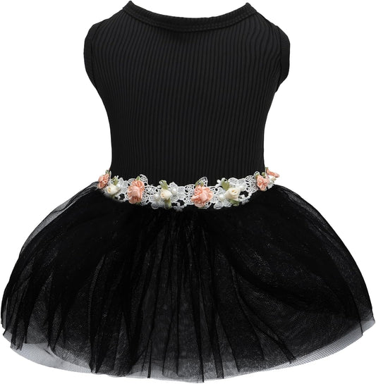 CuteBone Black Tulle Skirt Dog Wedding Bridesmaid Dress for Puppy with Lace Trim at Waist - Comfortable, Stylish, and Pe