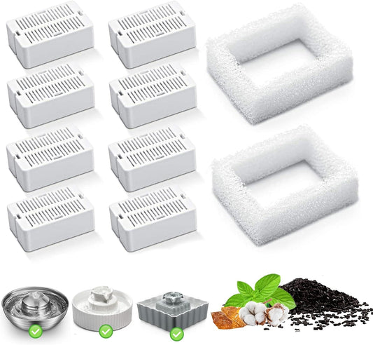 Cat Water Fountain Replacement Filter, 8 Pack Cat Fountain Carbon Filters and 2 Pack Foam Filters for Ceramic Pet Drinking Fountain and Stainless Steel Pet Water Fountain (8+2 Pack)