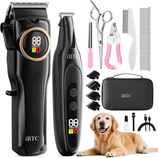 iBTC Professional Dog Grooming Clippers Kit, Low Noise Cordless Rechargeable Pet Hair Trimmer with Paw Trimmer & Nail Gr