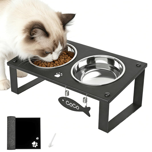 Elevated Cat Bowls with Splash Proof Mat for Kitten Puppy, 10° Tilted Raised Cat Bowl Stand Anti-Vomiting, 2 Wide Shallow Stainless Steel Bowls, Whisker Friendly, 3.5" Tall