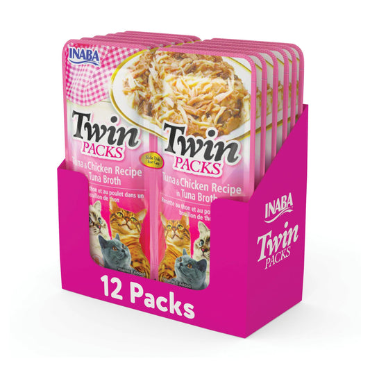 INABA Twin Packs for Cats, Side Dish/Topper Cups, 1.4 Ounces per Serving, 12 Servings, Tuna & Chicken Recipe in Tuna Broth