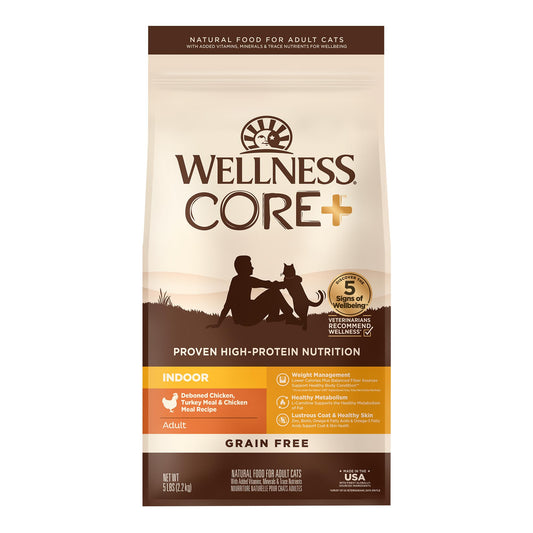 Wellness CORE+ Adult Dry Cat Food for Indoor Cats, Natural, Grain Free Kibble, Chicken, Turkey and Chicken Meal Recipe, 5 lb Bag