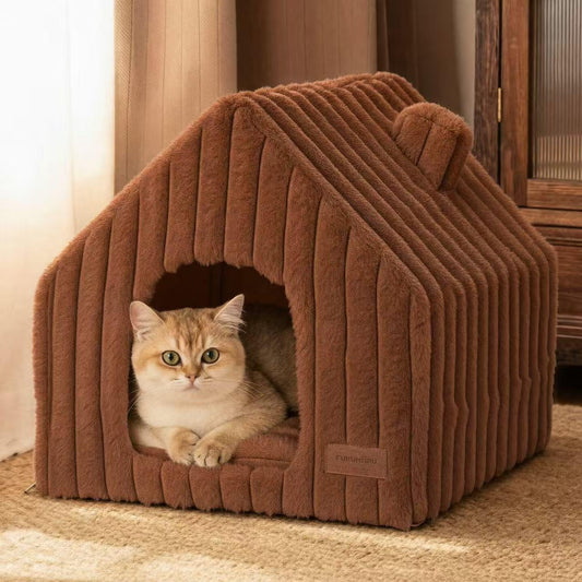 FUKUMARU Cat Houses for Indoor Cats, Washable Cute Cat Bed Cave with Removable Pillow, Large Semi-Enclosed Cozy Dog House Indoor, Soft Faux Rabbit Fur Kitten Bed, 17.5-Inch Durable Cat Hideaway, Brown