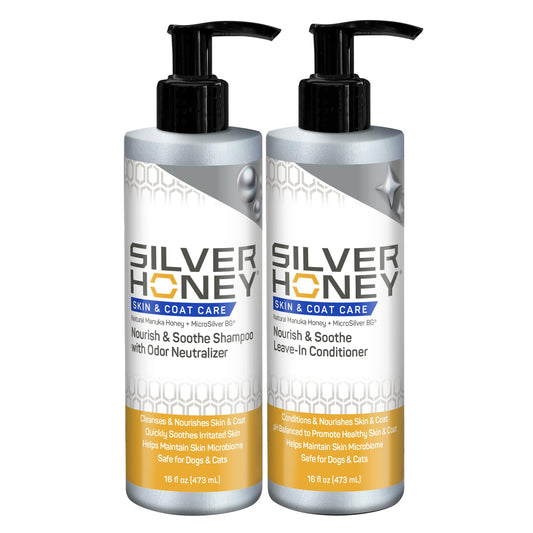 Silver Honey Nourish & Soothe Grooming Combo Pack, 16 fl oz each of Odor Neutralizer Shampoo + Leave-In Conditioner, Dog & Cat Skin & Coat Care, Natural Manuka Honey + MicroSilver BG, Pump Bottles