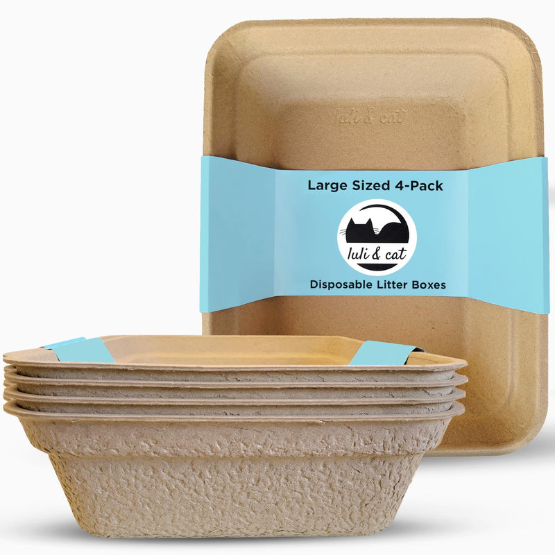Luli & Cat Disposable Litter Boxes for Cats | Large Sized 4-Pack | Durable and Water Resistant
