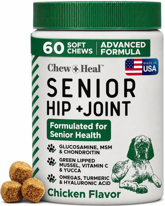 Chew + Heal Labs Glucosamine for Dogs Hip and Joint Supplement - 60 Senior Dogs Mobility Soft Chews - Made with Glucosamine, MSM, Chondroitin, Green Lipped Mussels and More - Made in The USA