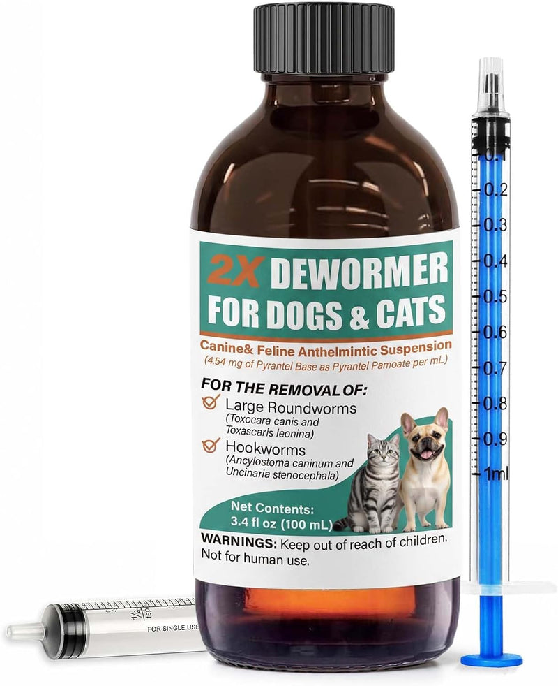 Liquid Dewormer 2X for Dogs & Cats, Pyrantel Pamoate Oral Liquid for Large Roundworms & Hookworms, Easy-to-Give Formula 