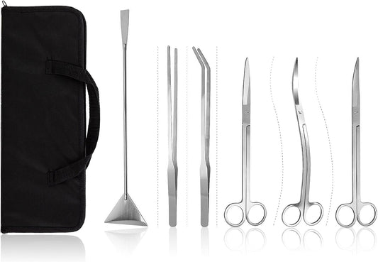 Aquascaping Tools 7 in 1 Kit Aquarium Plant Scissors Tools Set Curved & Waved Scissor Tweezers Spatula Stainless Steel A