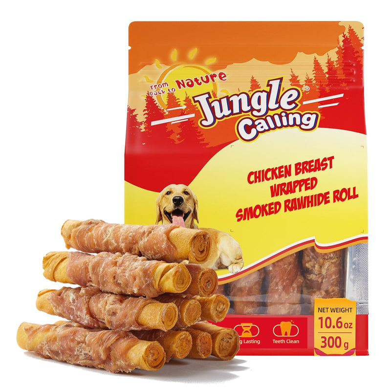 Jungle Calling Dog Treats Smoked Chicken Wrapped Rawhide Rolls, High Protein Dog Chews, Long Lasting Chews for Medium and Large Dogs, 10.6 Oz, About 10 Count