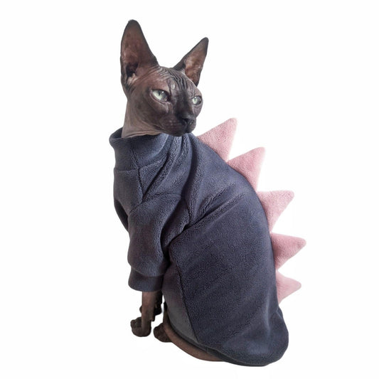 Dinosaur Sphynx Cat Clothes, Soft Polar Fleece Sweater for Cat, Elastic Pet Clothes Thick Winter Warm Outfit for Hairless Cat, Devon, Cornish, Small Dogs Apparel with Sleeves (Grey, Medium)