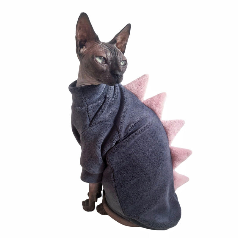Dinosaur Sphynx Cat Clothes, Soft Polar Fleece Sweater for Cat, Elastic Pet Clothes Thick Winter Warm Outfit for Hairless Cat, Devon, Cornish, Small Dogs Apparel with Sleeves (Grey, Medium)