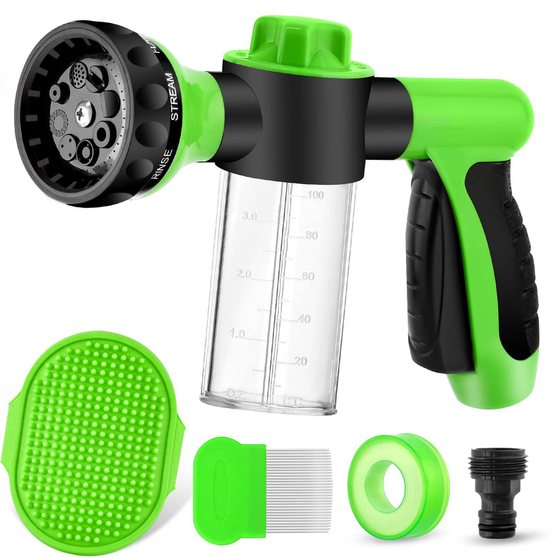 Dog Wash Sprayer Outdoor, 8-in-1 Dog Sprayer Hose Attachment with Massage Brush and Pet Grooming Comb, 3/4 Inch Standard Garden Hose Nozzle for Watering Flowers, Car Washing, Pet Bathing(Green)