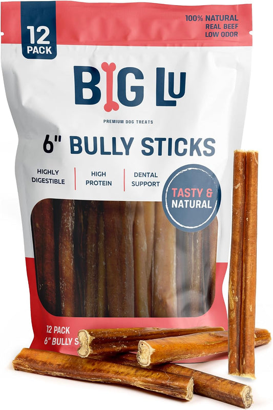 Big Lu - 6” Bully Sticks, 12 Count, Long-Lasting, Low-Odor, 100% Grass-Fed Beef Chews for All Dog Breeds, Natural Single