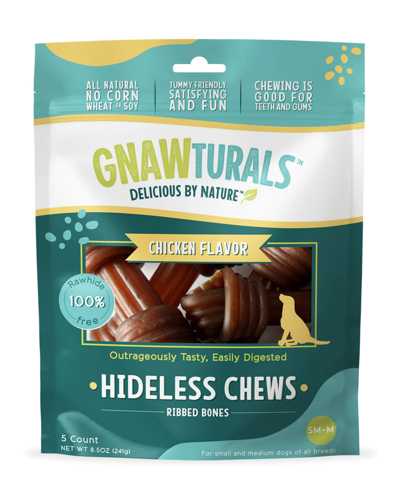 Gnawturals Rawhide Free Dog Chews | Ribbed Bones | for Medium - Large Dogs | Pumpkin, Psyllium Husk and Chicory Root for Easy Digestion and Overall Gut Health (5 Bones, Chicken)