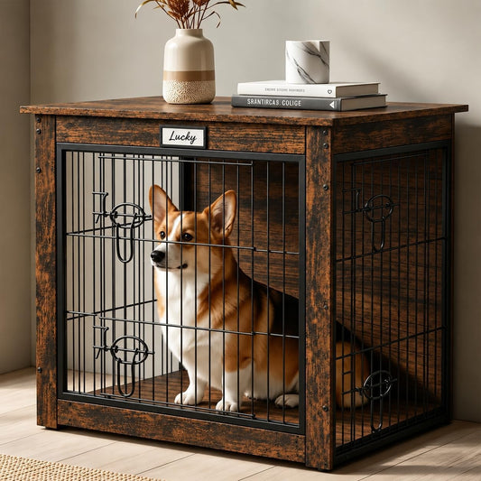Dog Crate Furniture with Reversible Side Door, 28'' Heavy Duty Wooden Dog Kennel Indoor for Small Medium Dogs, Furniture