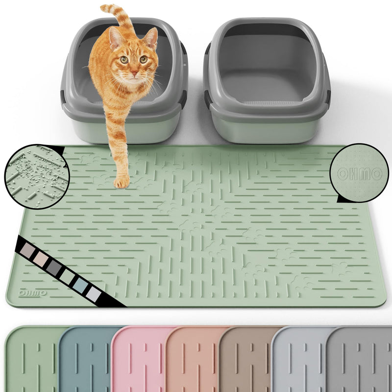 OHMO Cat Litter Mat Large Trapping Mat Premium Silicone Rubber 31.5x23.6 Sage Green, Waterproof and BPA Free Kitty Litter Box Mat, Easy to Clean and Keeps The Floor Tidy