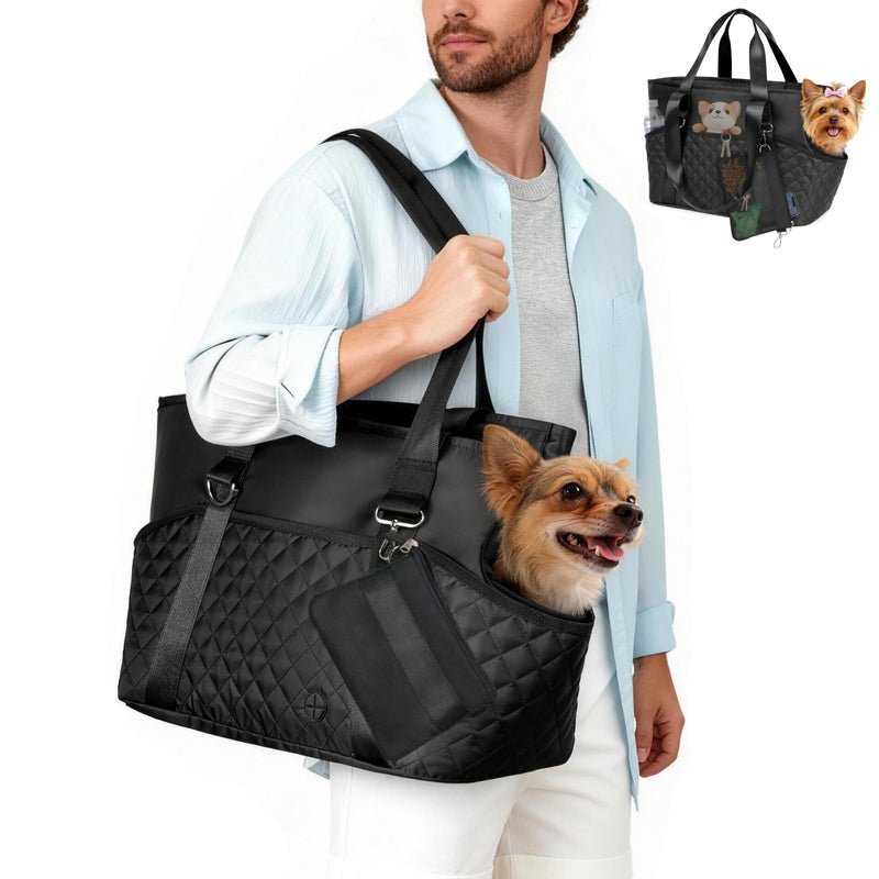 YUDODO 4-12lbs Dog Purse Carrier, Lightweight Small Dog Carrier with Large Pockets & Treat Pouch, Collapsible Pet Travel Carrier Puppy Cat Rabbit, Black, Purse+Treat Pouch