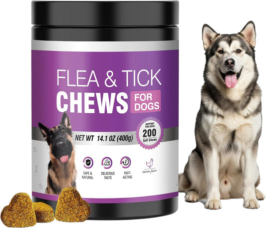 Dog Flea and Tick Chewable Tablets 200 Soft Chews Oral Supplement Chicken Flavor for Dogs All Breeds Sizes Ages Supports
