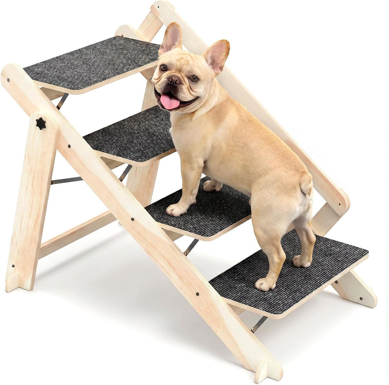 Woodure Foldable Dog Stairs, Convertible 4-Step Wooden Dog Ramp, Cat Step for High Bed Couch Car, Anti Slip Puppy Ladder